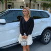 Pleione Solid V-Neck Smock Wrist Blouse in Black