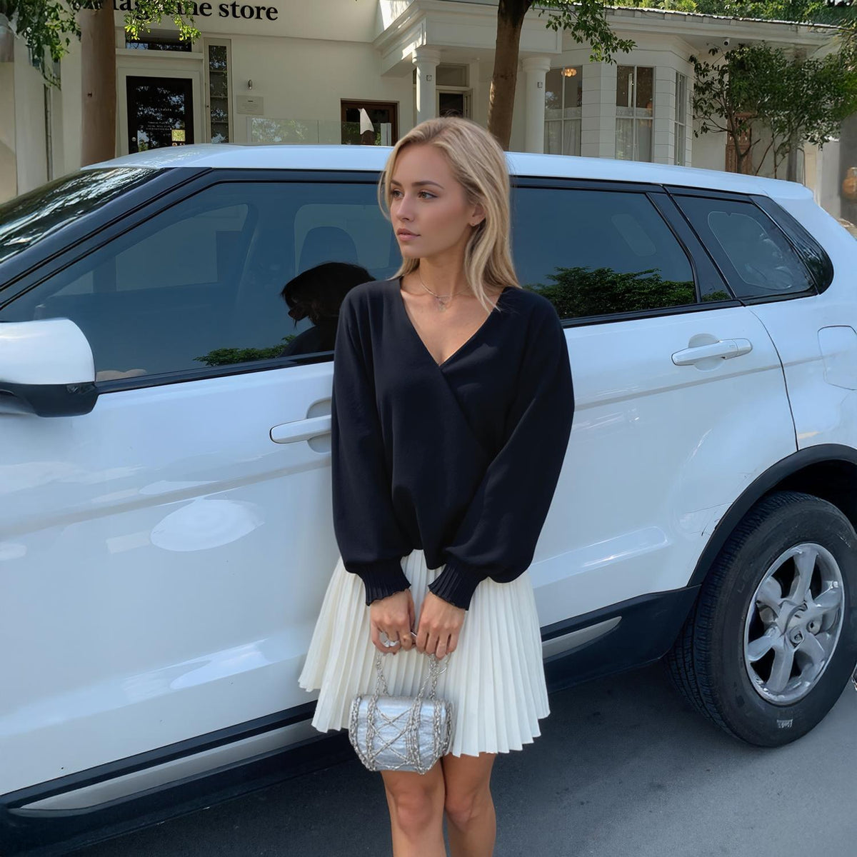 Pleione Solid V-Neck Smock Wrist Blouse in Black