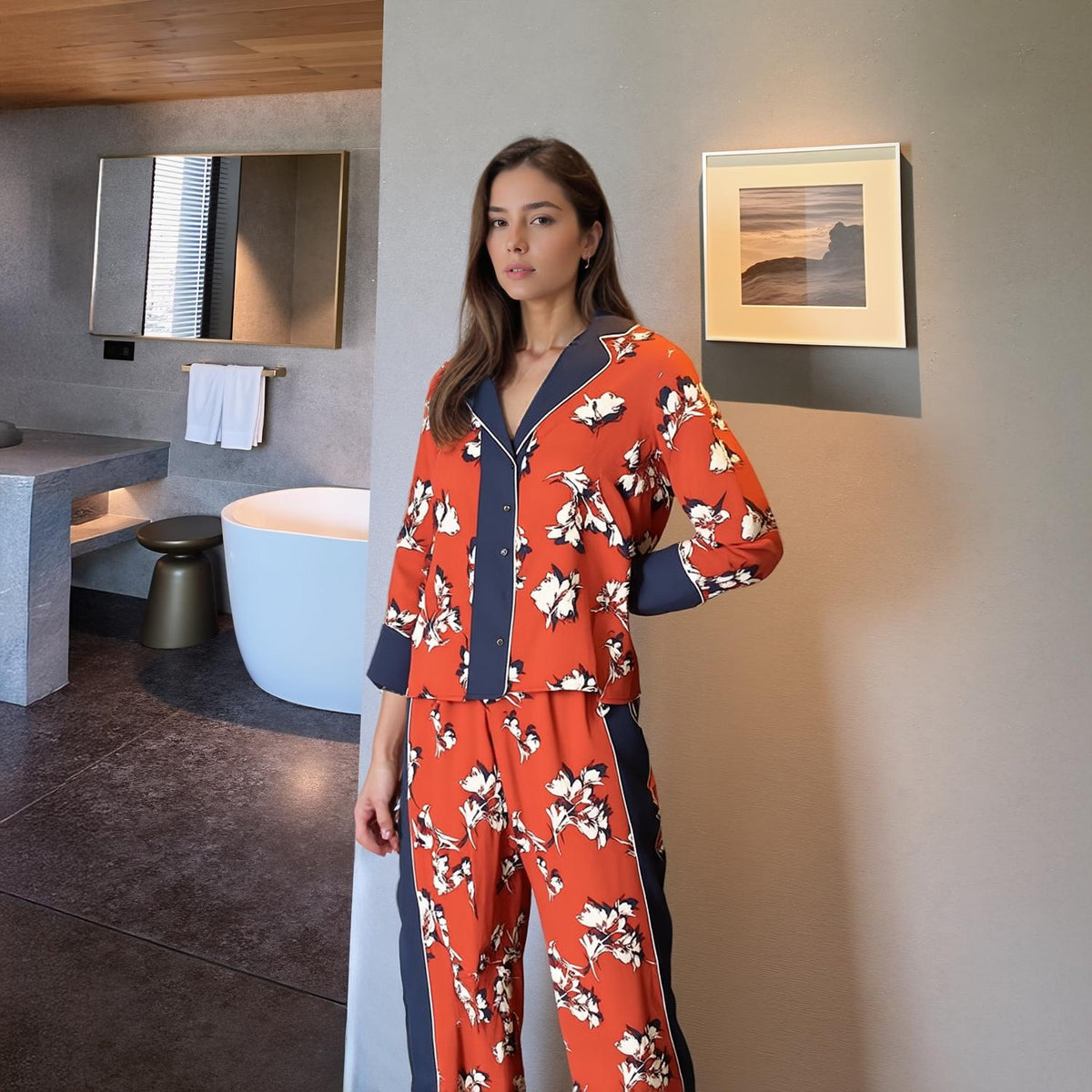 Pleione Floral Navy Contrast Pajama Blouse