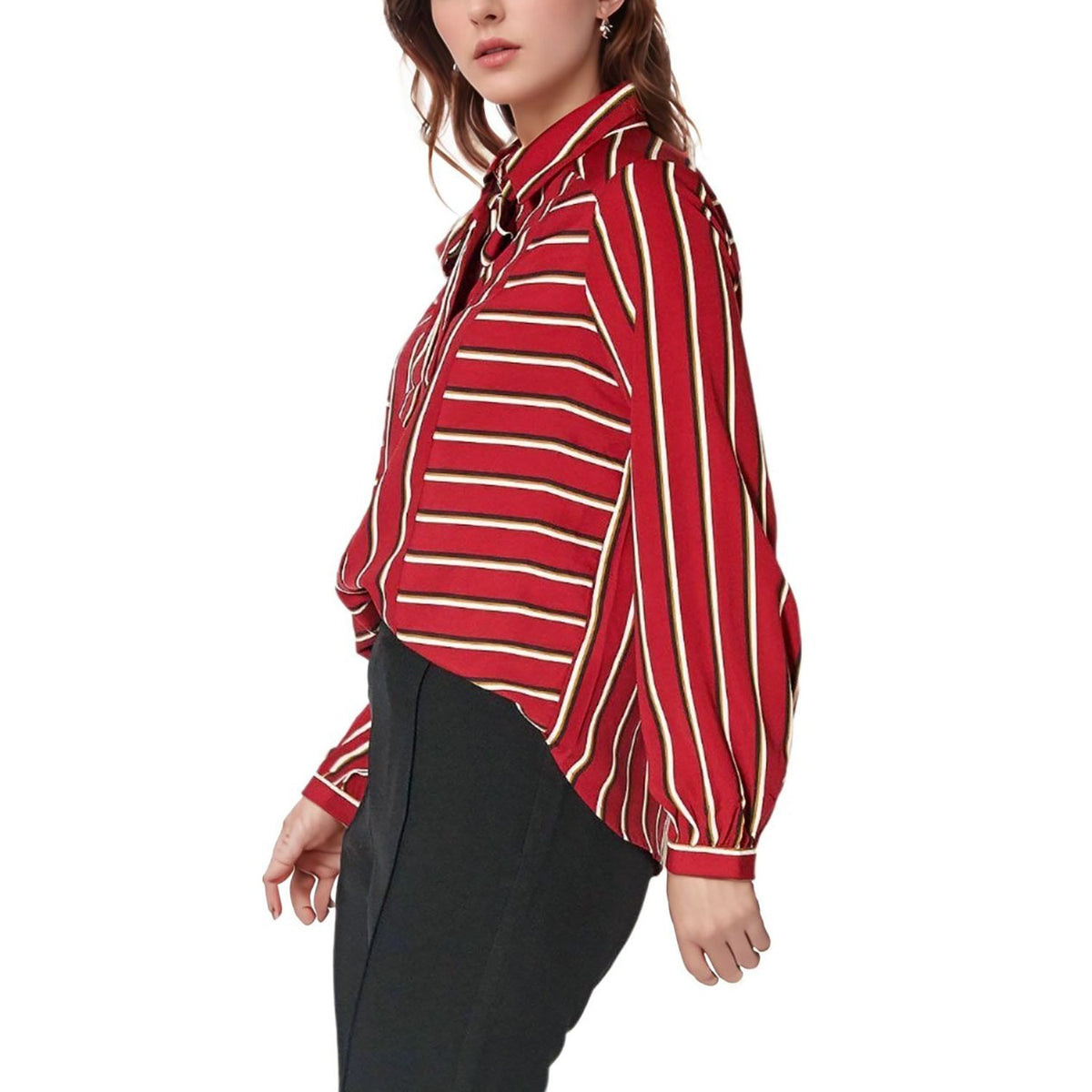Pleione Womens Stripe Tie Neck Blouse in Dark Red