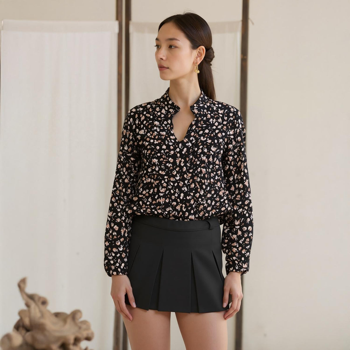 Pleione Long Sleeve Printed Ruffle Down Blouse