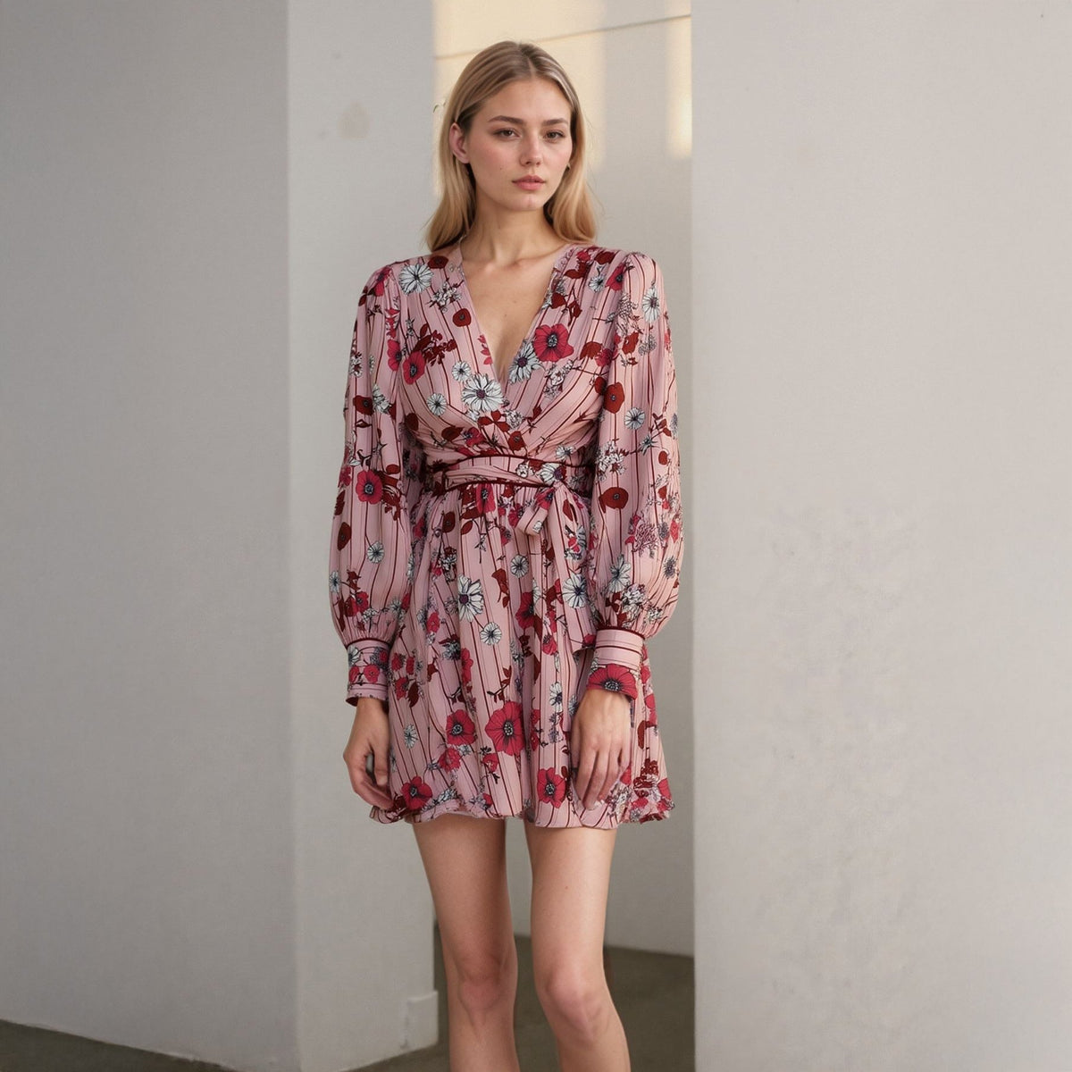 Women's Floral Satin Wrap Front Flared Dress
