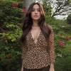 Pleione Women's V-Neck Puff Sleeve Top in Black Tan