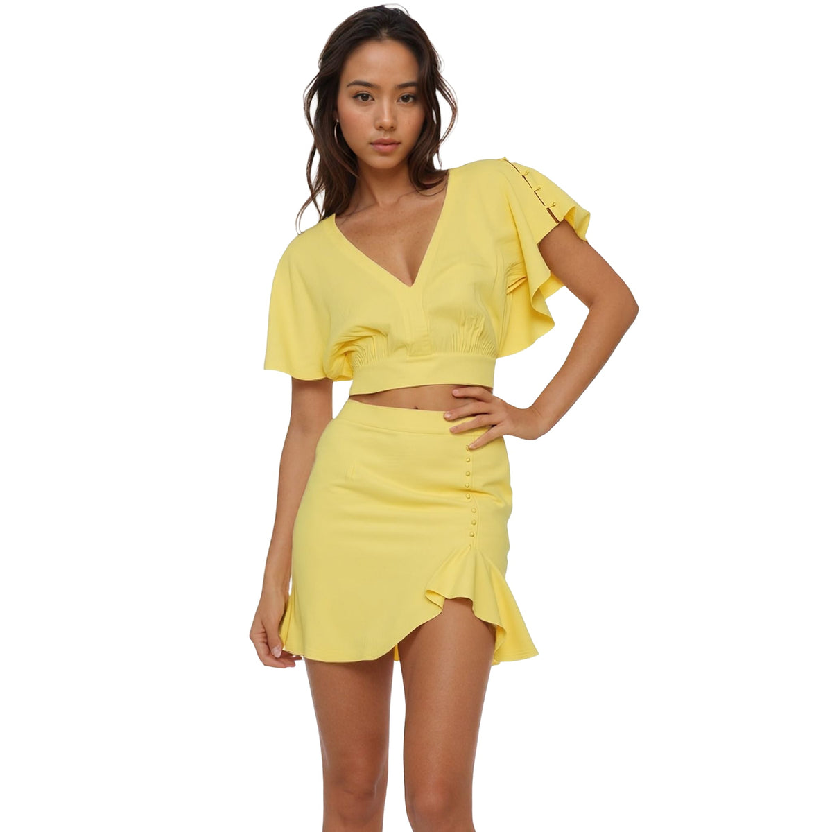 Women's Tie Waist Cape Sleeve Cropped Blouse in Yellow