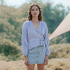 Women's Smocked Sleeve Stripe Wrap Blouse in Blue