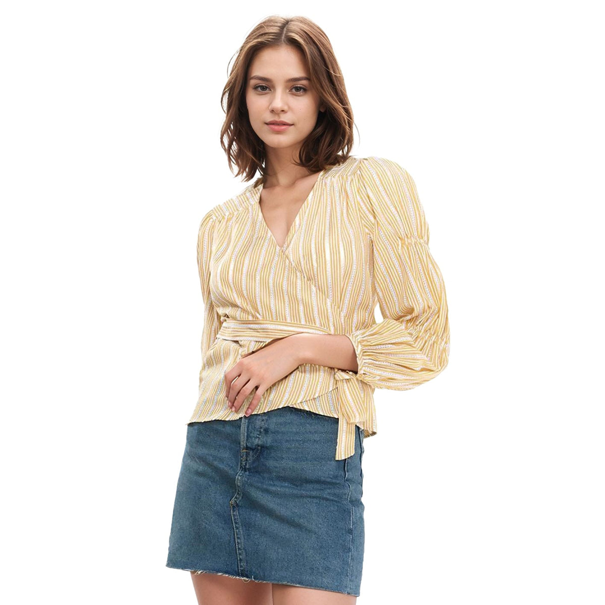 Women's Smocked Sleeve Stripe Wrap Blouse in Yellow