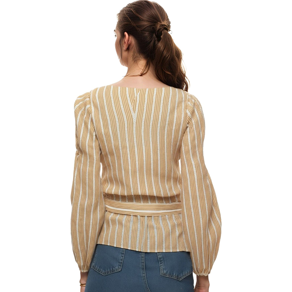 Women's Smocked Sleeve Stripe Wrap Blouse in Yellow