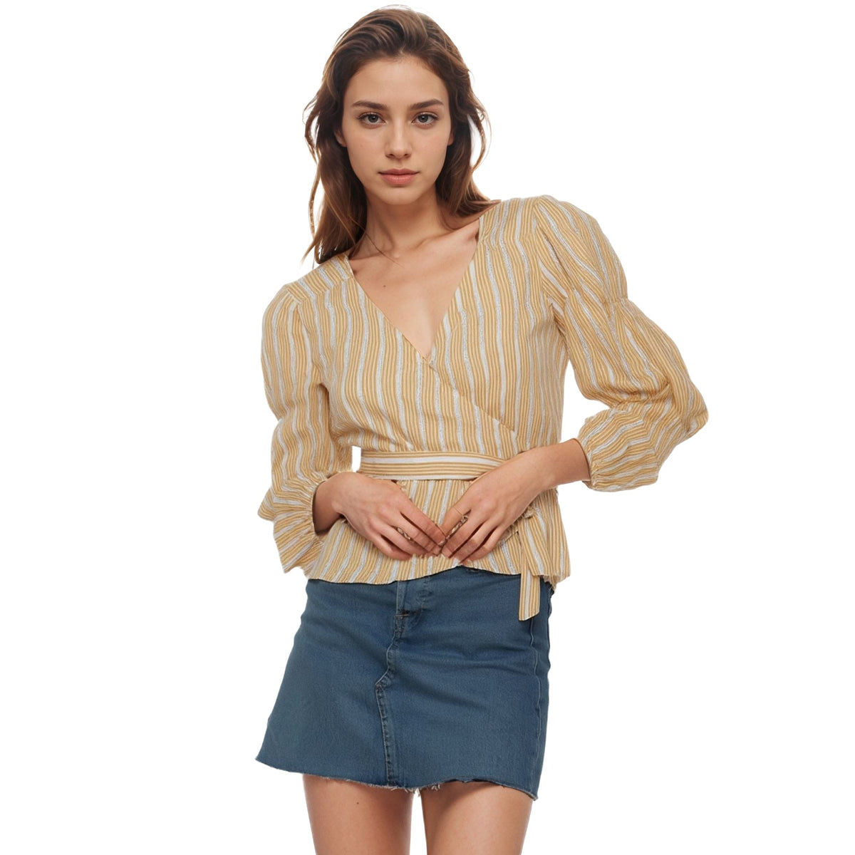 Women's Smocked Sleeve Stripe Wrap Blouse in Yellow