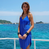 Women's Solid Asymmetrical Hem V-neck Dress in Blue