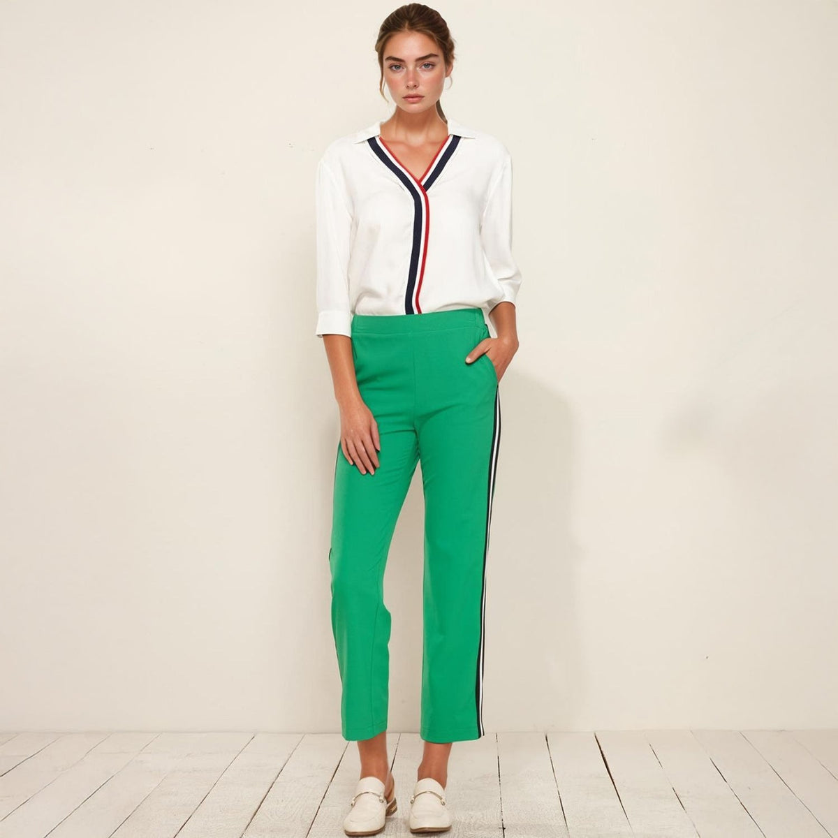 Pleione Women's Striped Side Binding Pants In Green