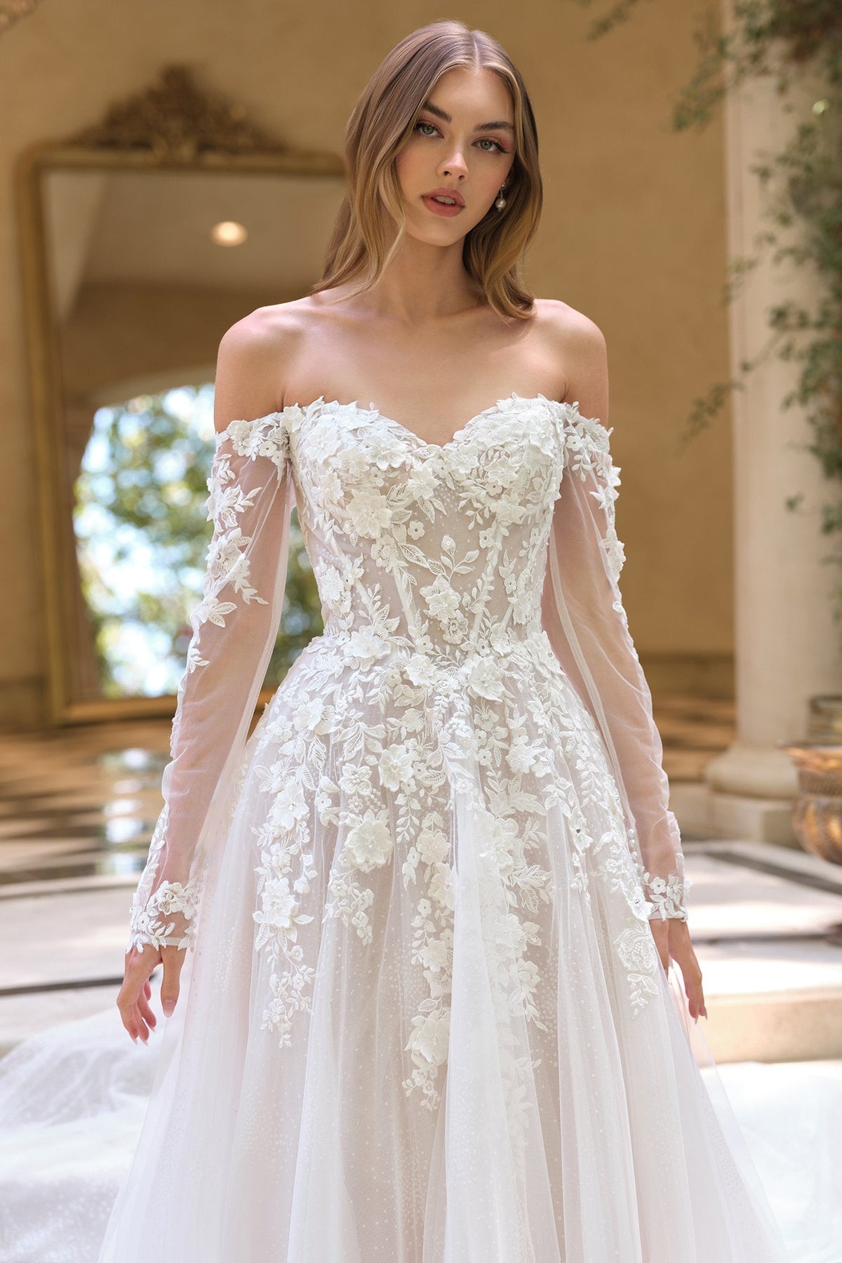 Andrea & Leo WL067 Off the Shoulder Sheer Illusion Sleeves Wedding Ball Gown