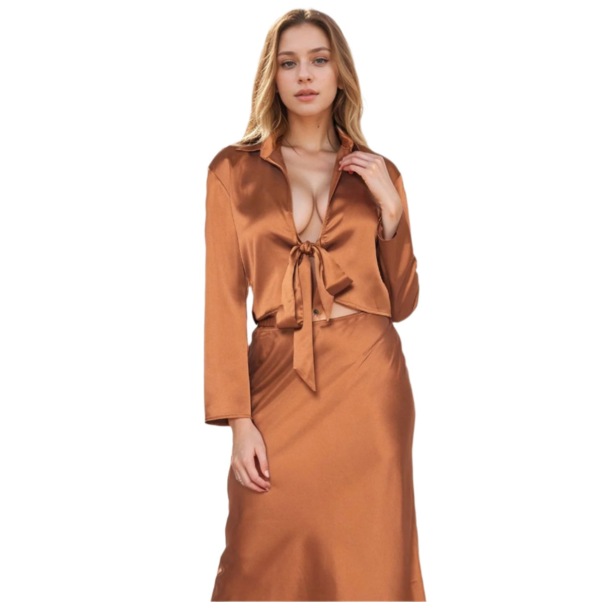 Pleione Women's Long Sleeve Collared Tie Front Shirt In Satin Brown