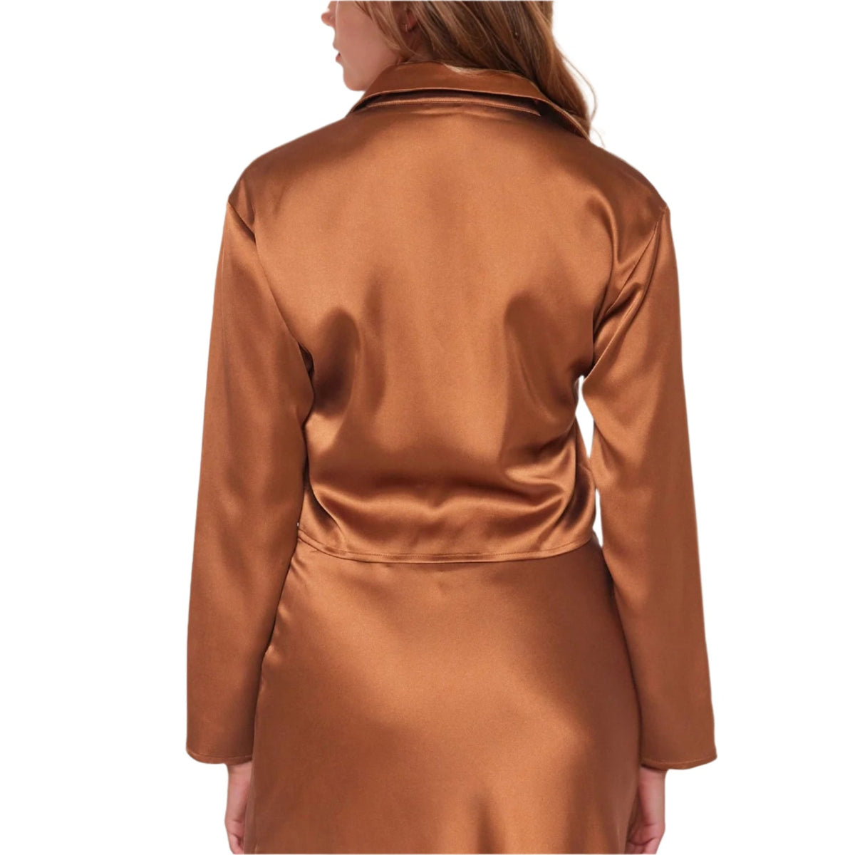 Pleione Women's Long Sleeve Collared Tie Front Shirt In Satin Brown