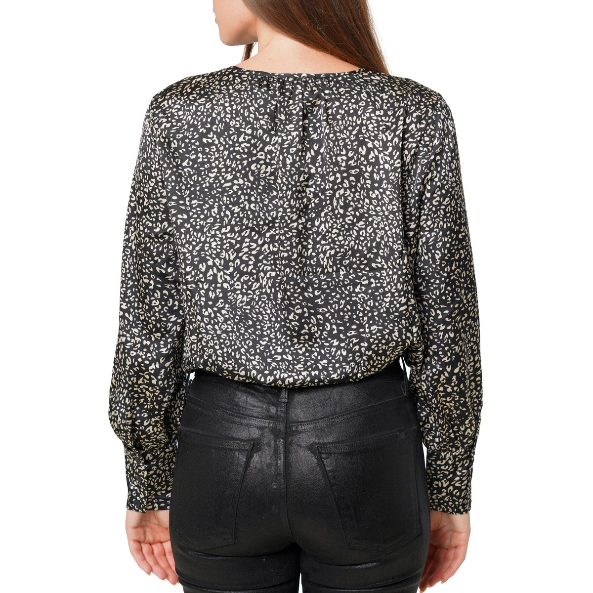 Women's Tie-neck Long Sleeve Bodysuit in Black Leopard