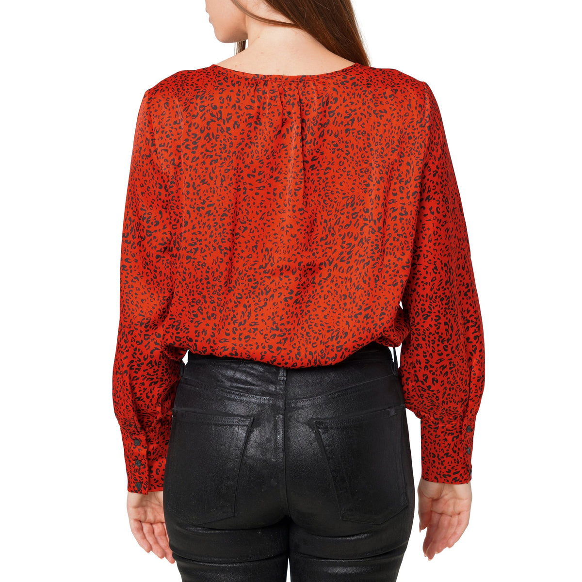 Women's Tie-neck Long Sleeve Bodysuit in Red Leopard