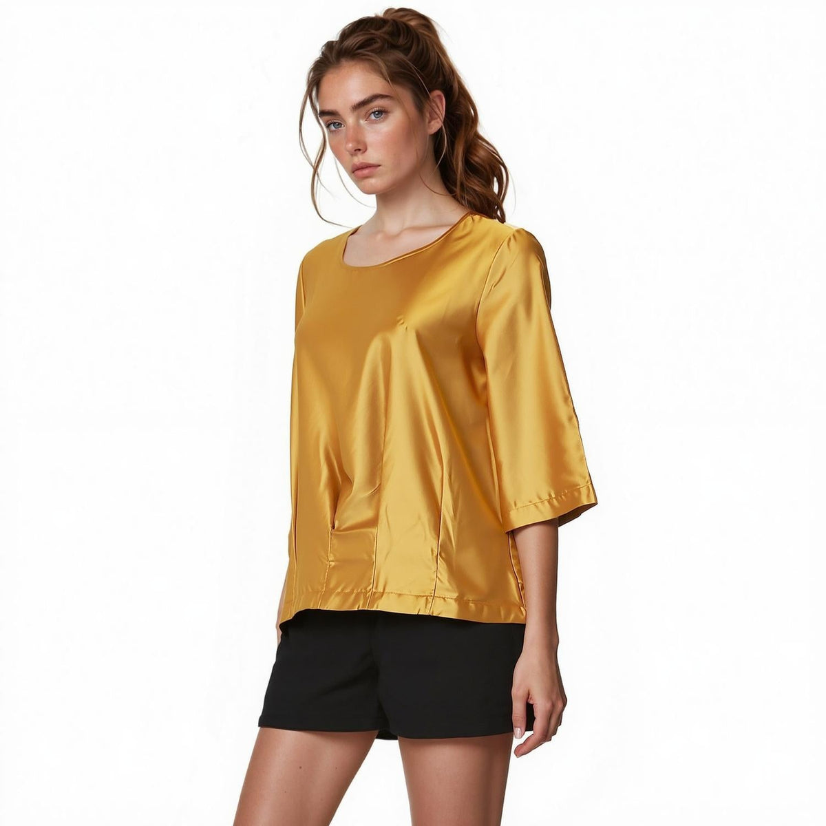 Pleione Women Round Neck Top In Mustard
