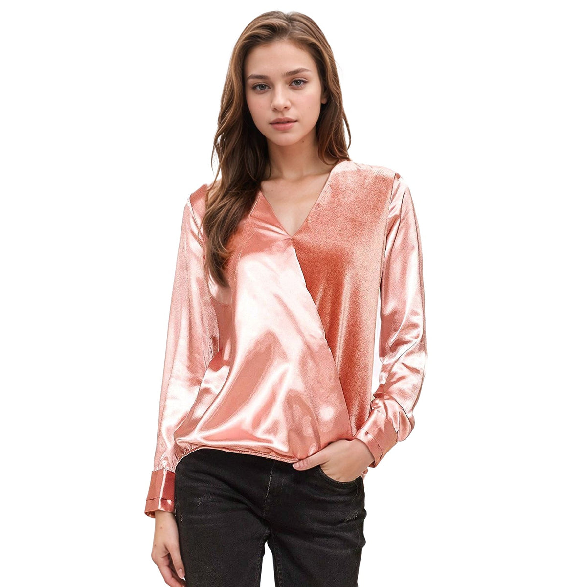 Pleione Women's Charmuese Contrast Cross Front Blouse in Mauve