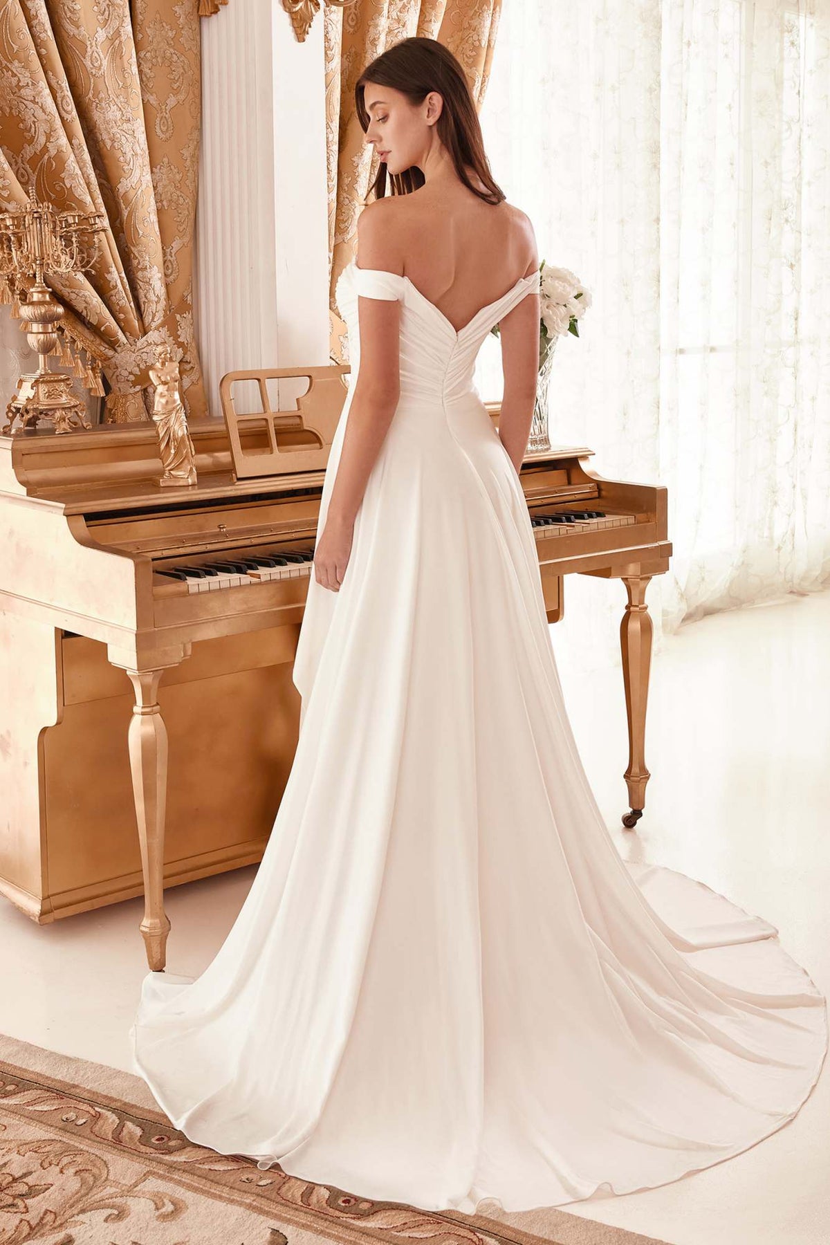 CLEARANCE - Ladivine WN315 Long Draped Off The Shoulder Bridal Gown With Overskirt (Size 10)