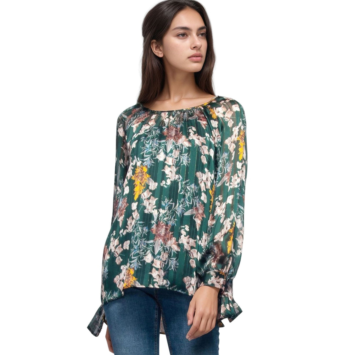 Pleione Women's Sheer Printed Blouse With Self-Tie Sleeve