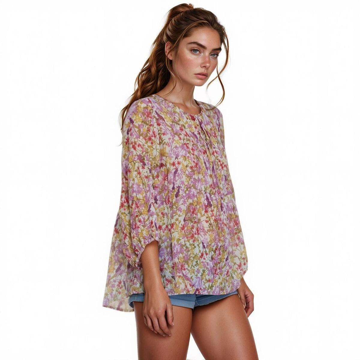 Pleione Women's Tie Neck Floral Blouse