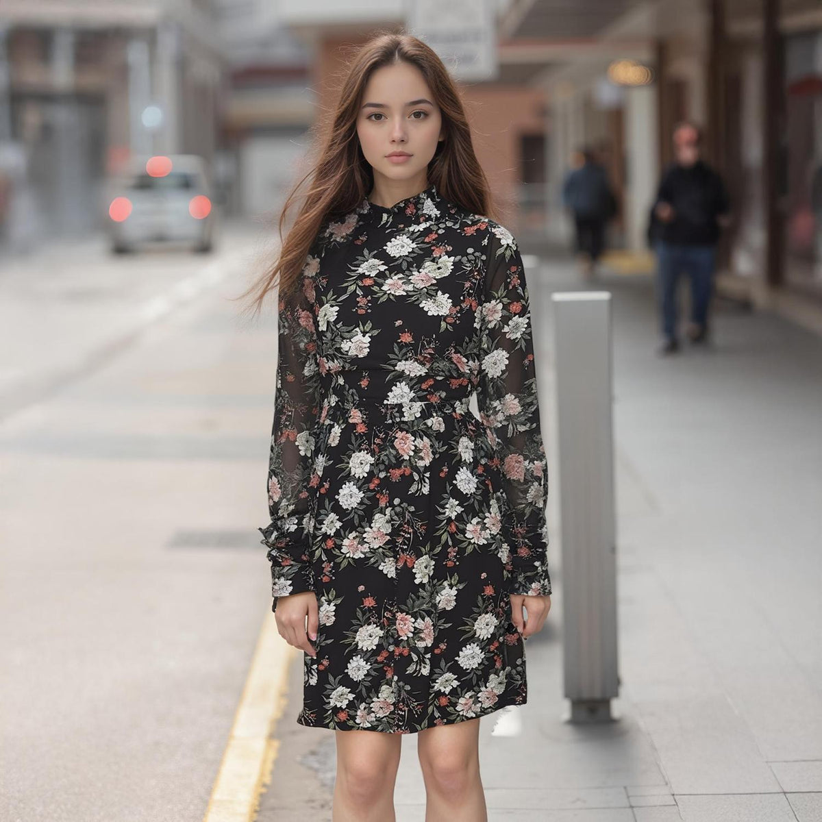 Pleione Floral Smocked Mock Neck Dress in Black