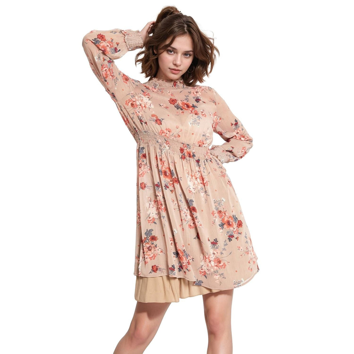 Pleione Floral Smocked Mock Neck Dress in Cream