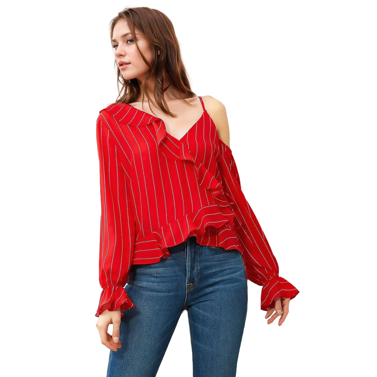 Women's Asymmetrical Shoulder Ruffle Blouse in Red
