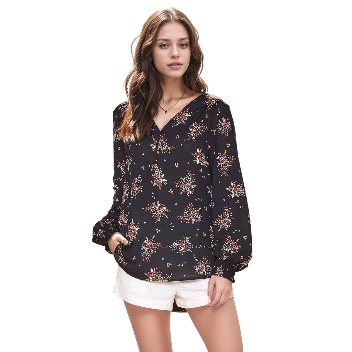Pleione Printed V-Neck Smock Wrist Blouse in Navy Floral