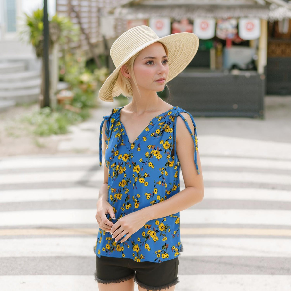 Pleione Women's Tie Shoulder V-Neck Top