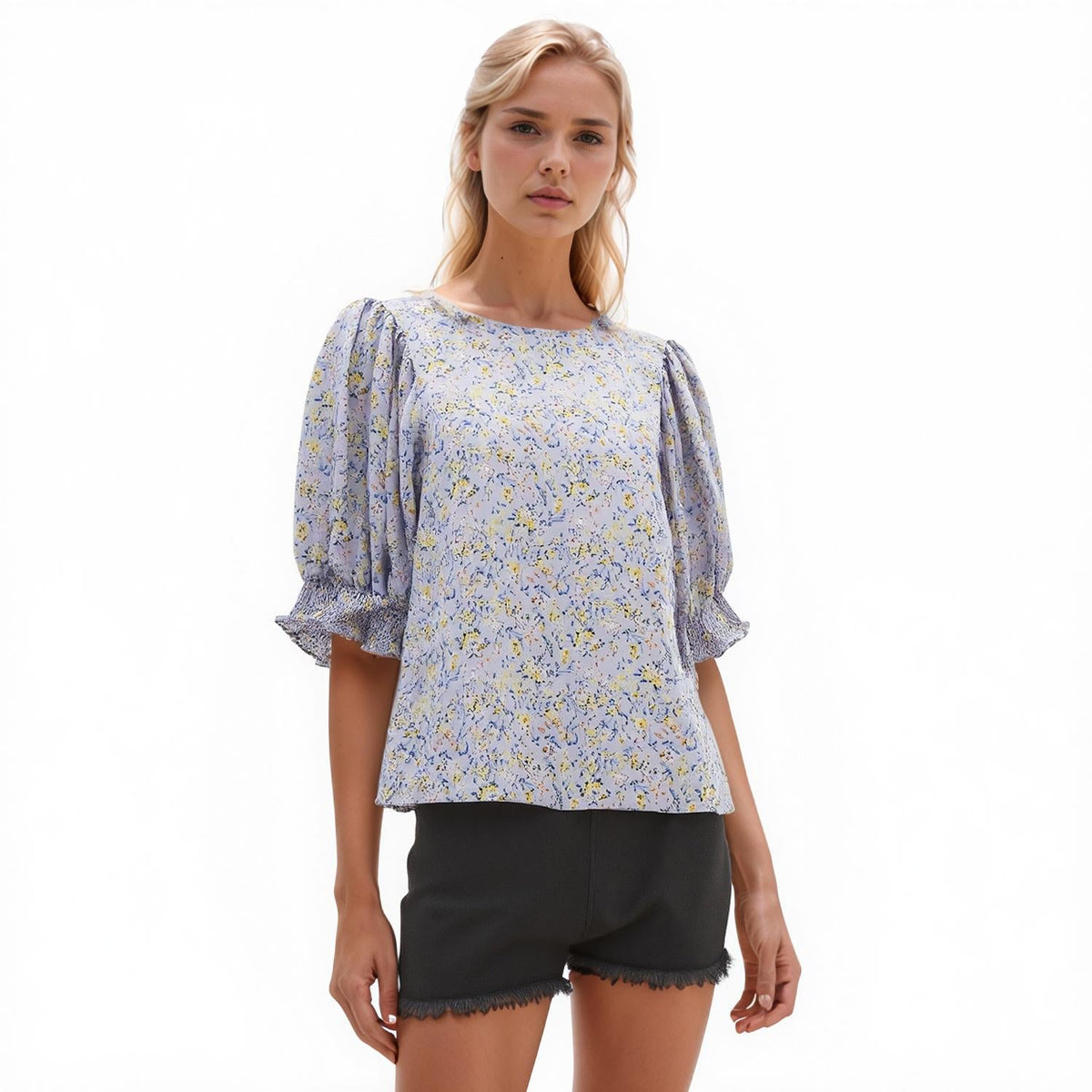 Pleione Ruched Round Neck Blouse