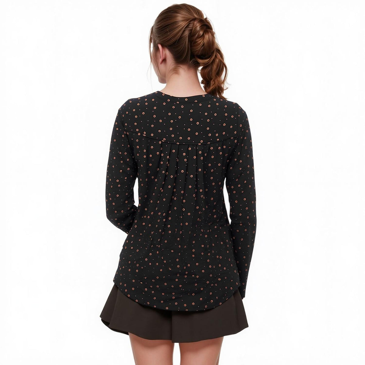 Pleione Women's Hi-Low Pleated Back Tunic In Black Dot