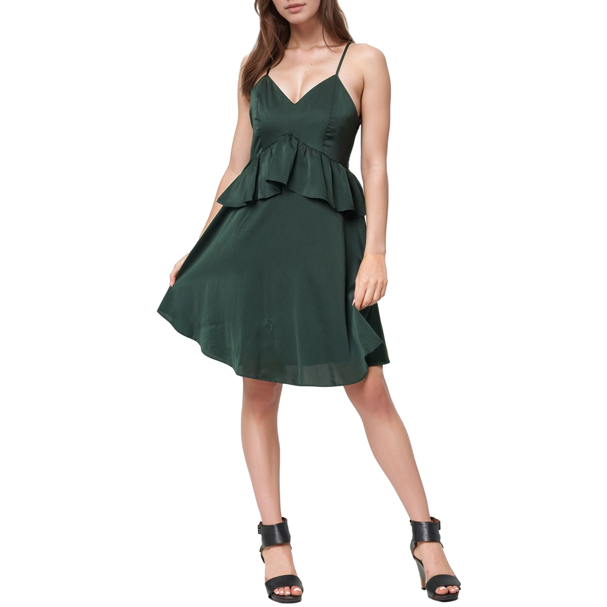 Women's Deep V-neck Ruffle Baby Doll Dress In Hunter Green