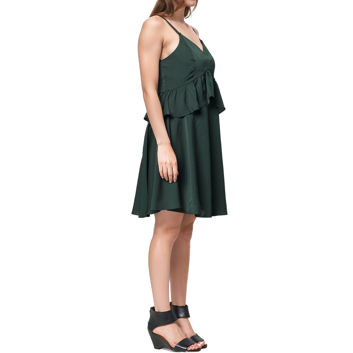Women's Deep V-neck Ruffle Baby Doll Dress In Hunter Green