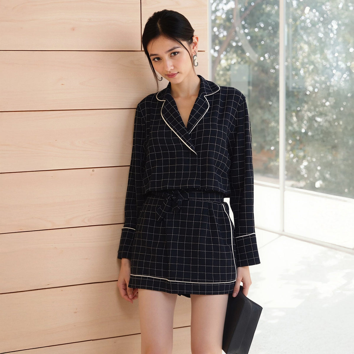 Women's Grid Print High Shorts in Navy Plaid