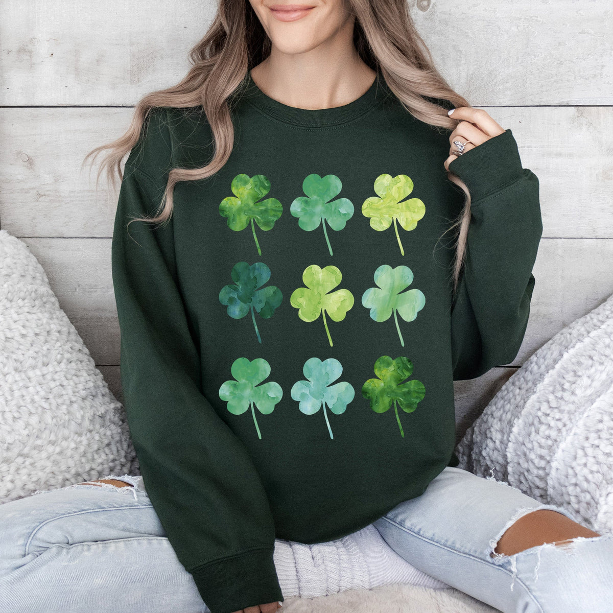 Watercolor Shamrocks In Rows St Patrick's Day Theme Artwork For Festive Gatherings Soft Cotton Blend Sweatshirt