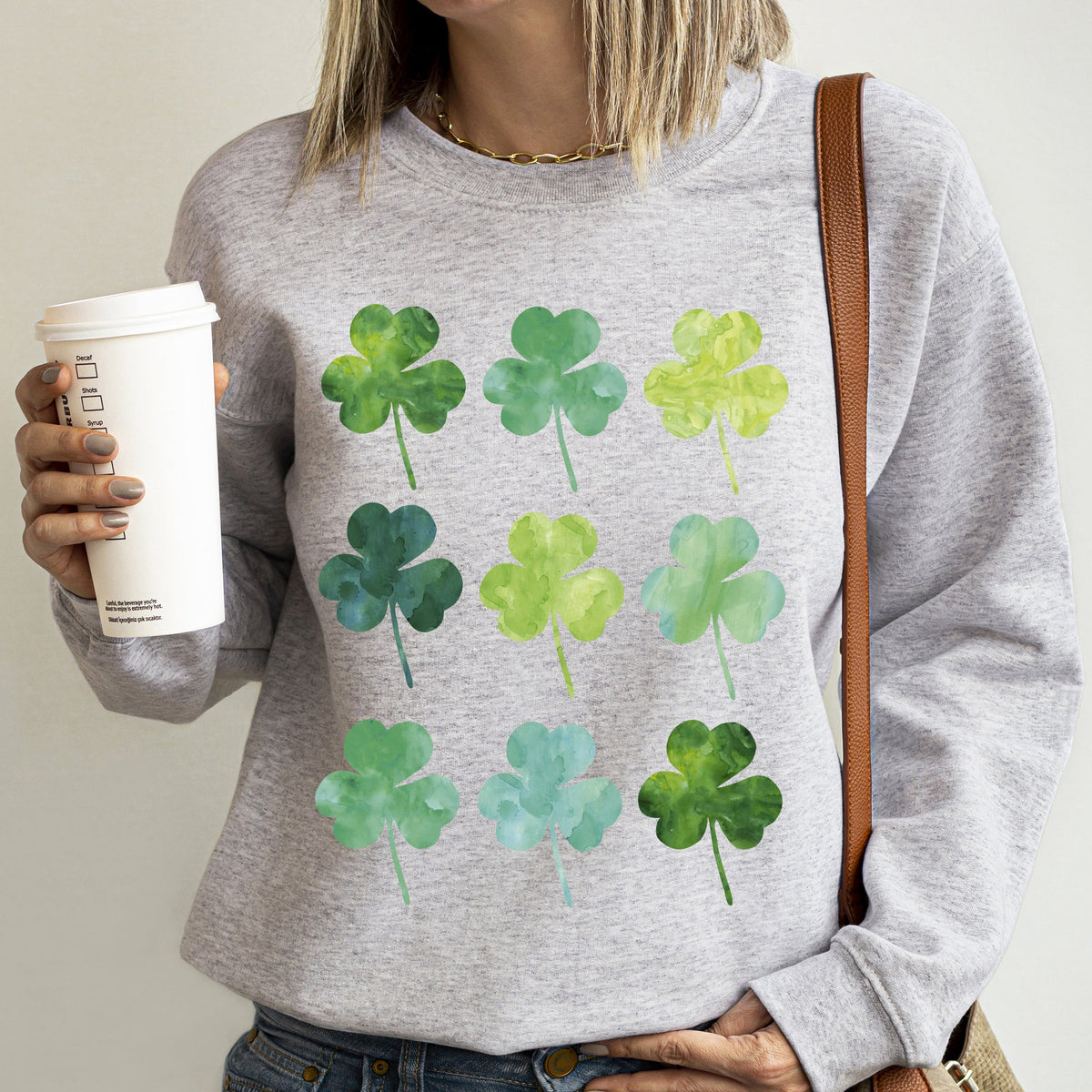 Watercolor Shamrocks In Rows St Patrick's Day Theme Artwork For Festive Gatherings Soft Cotton Blend Sweatshirt