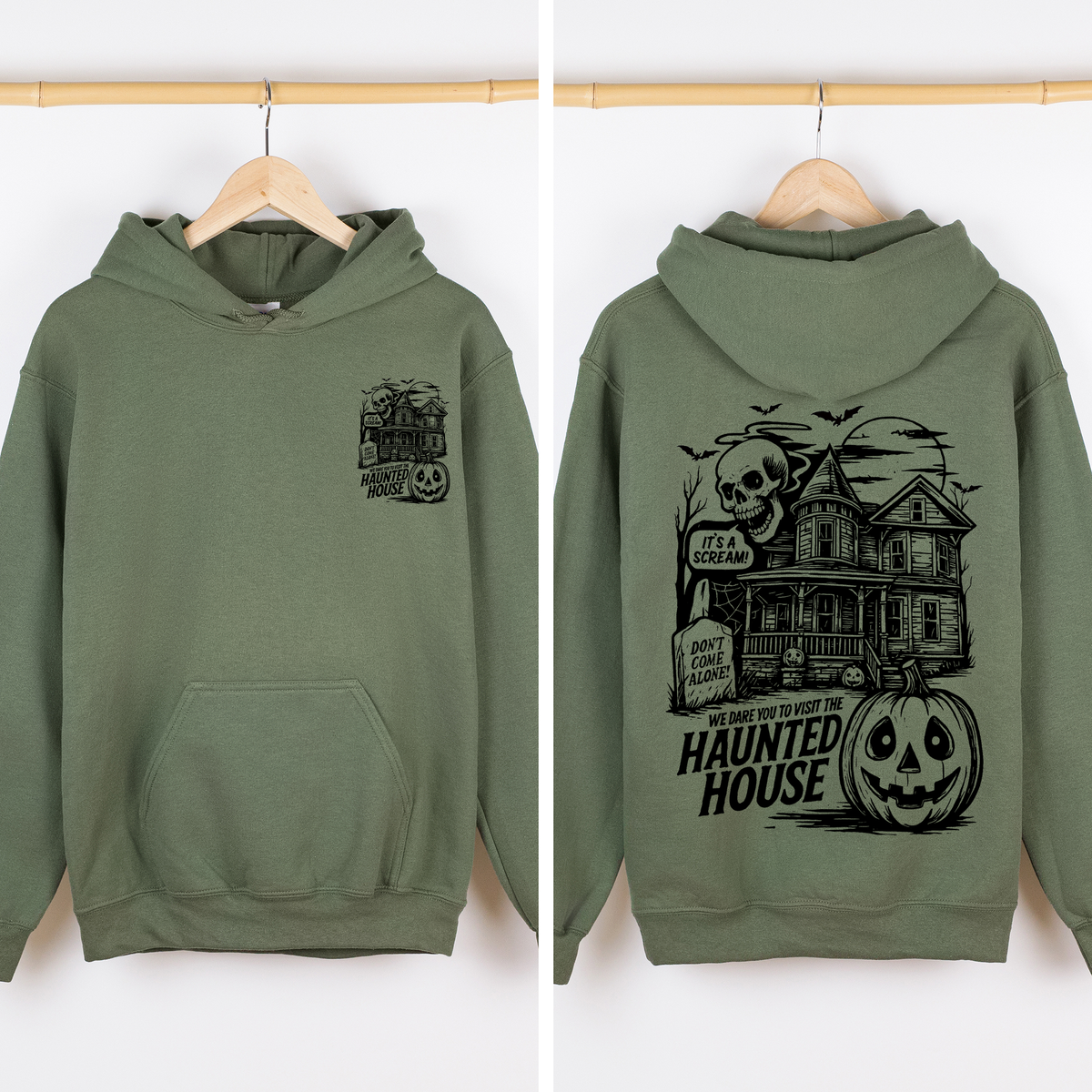 We Dare You To Visit The Haunted House Vintage Inspired Halloween Pumpkin Graphic Hoodie