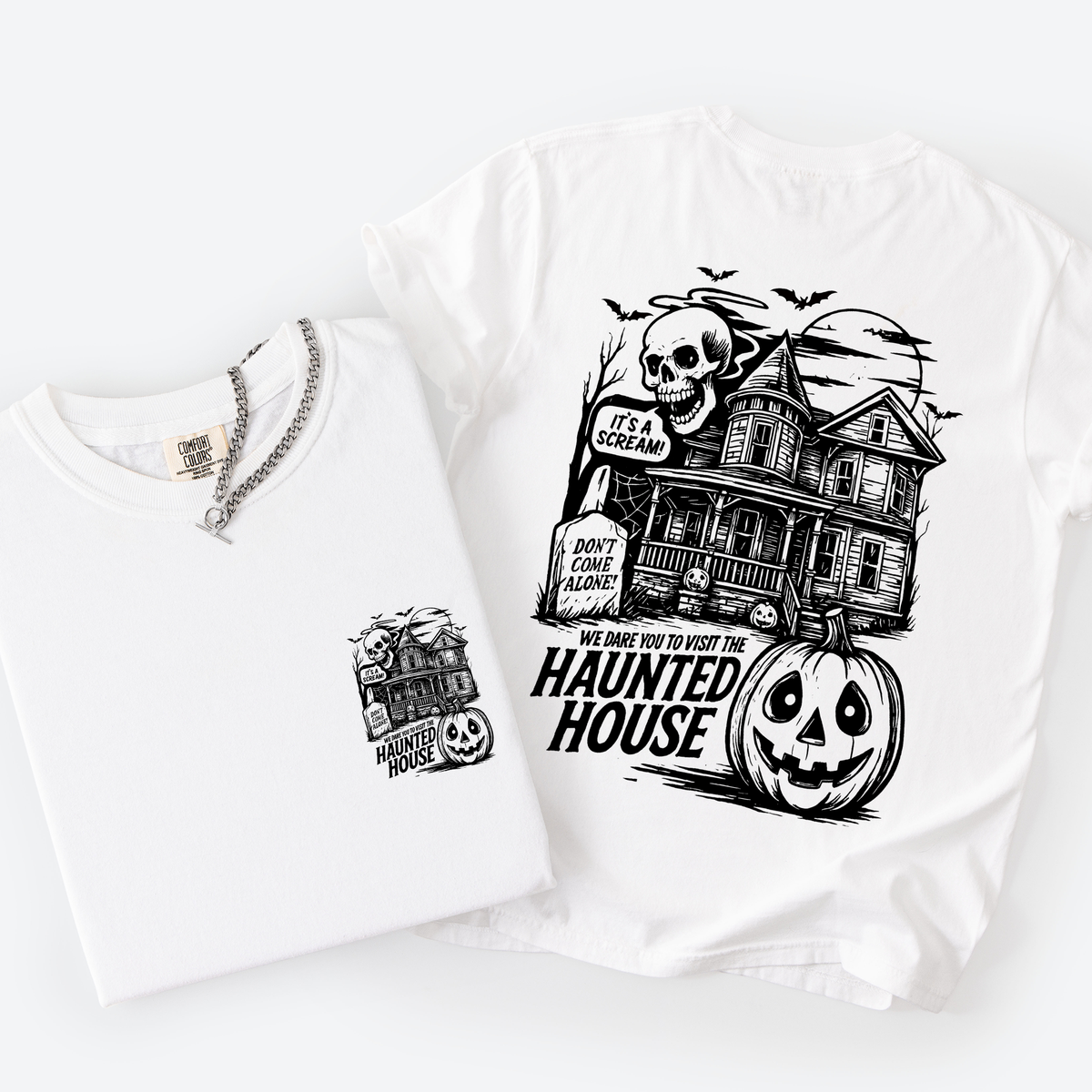 We Dare You To Visit The Haunted House Spooky Halloween Pumpkin Comfort Colors Tee