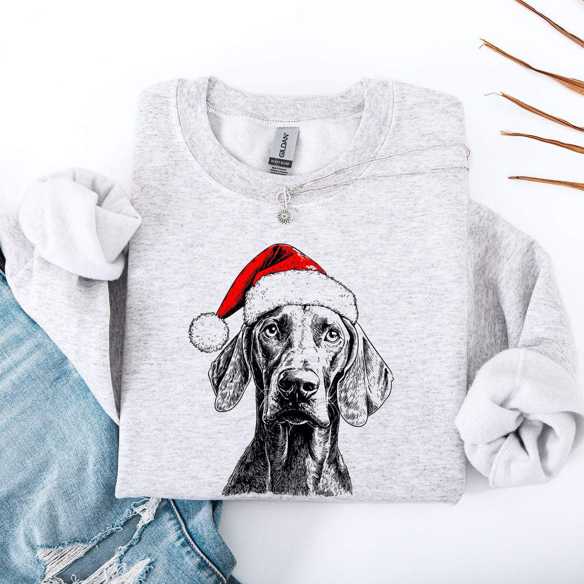 Weimaraner Santa Christmas Dog Lover Festive Portrait With Santa Hat And Holiday Cheer For Pet Parents Sweatshirt