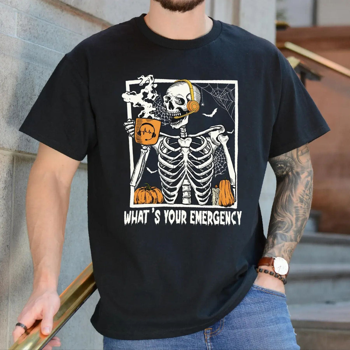 "What's Your Emergency" 911 Dispatcher T-Shirt - Funny Skeleton Halloween Crewneck, Emergency Services Gift