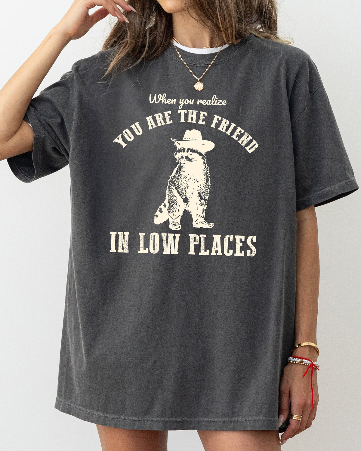 When You Realize, You Are The Friend In Low Places Raccoon Sarcastic Graphic Tee