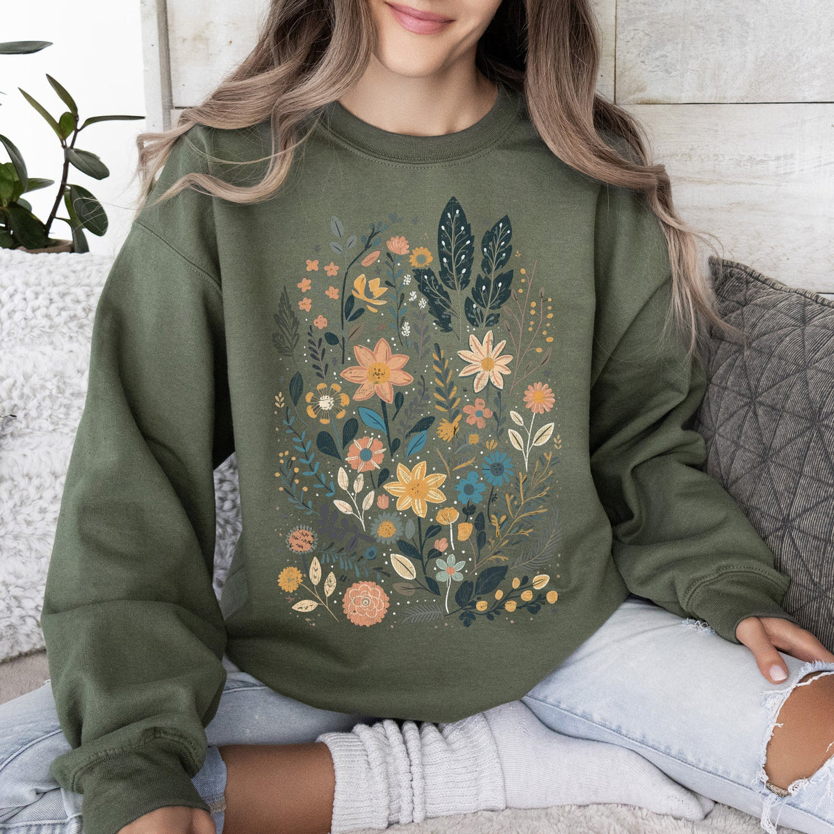 Whimsical Garden Floral Design With Delicate Petals And Lush Leaves And Blooms Sweatshirt