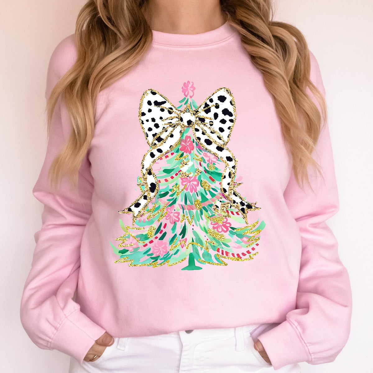 Whimsical Pastel Christmas Tree Coquette Ribbon Bow Dalmatian Print Xmas Sweatshirt