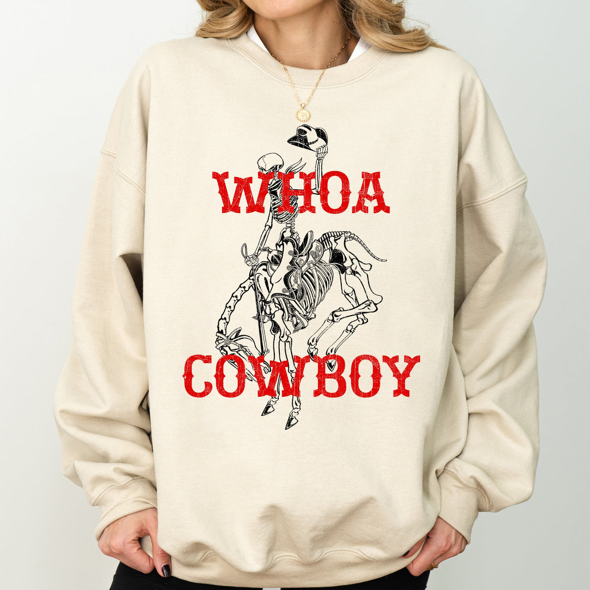 Whoa Cowboy Bronco Ride Rodeo Skeleton Illustration Across The Wild West Theme Stories Sweatshirt