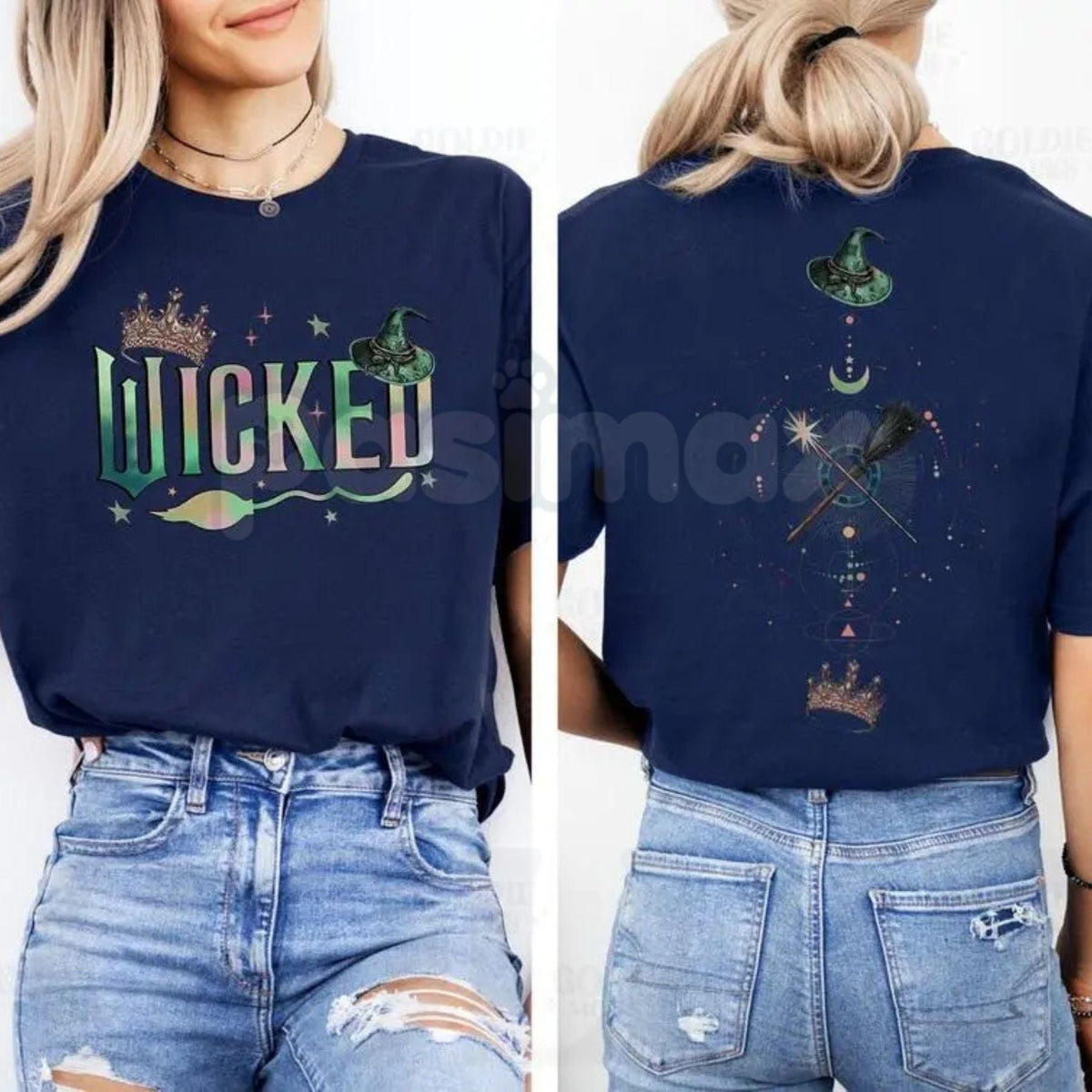 Wicked Musical "Defy Gravity" Two-Sided T-Shirt - Broadway Fan Apparel, Elphaba Glinda Graphic Tee, Broomstick & Wand Top