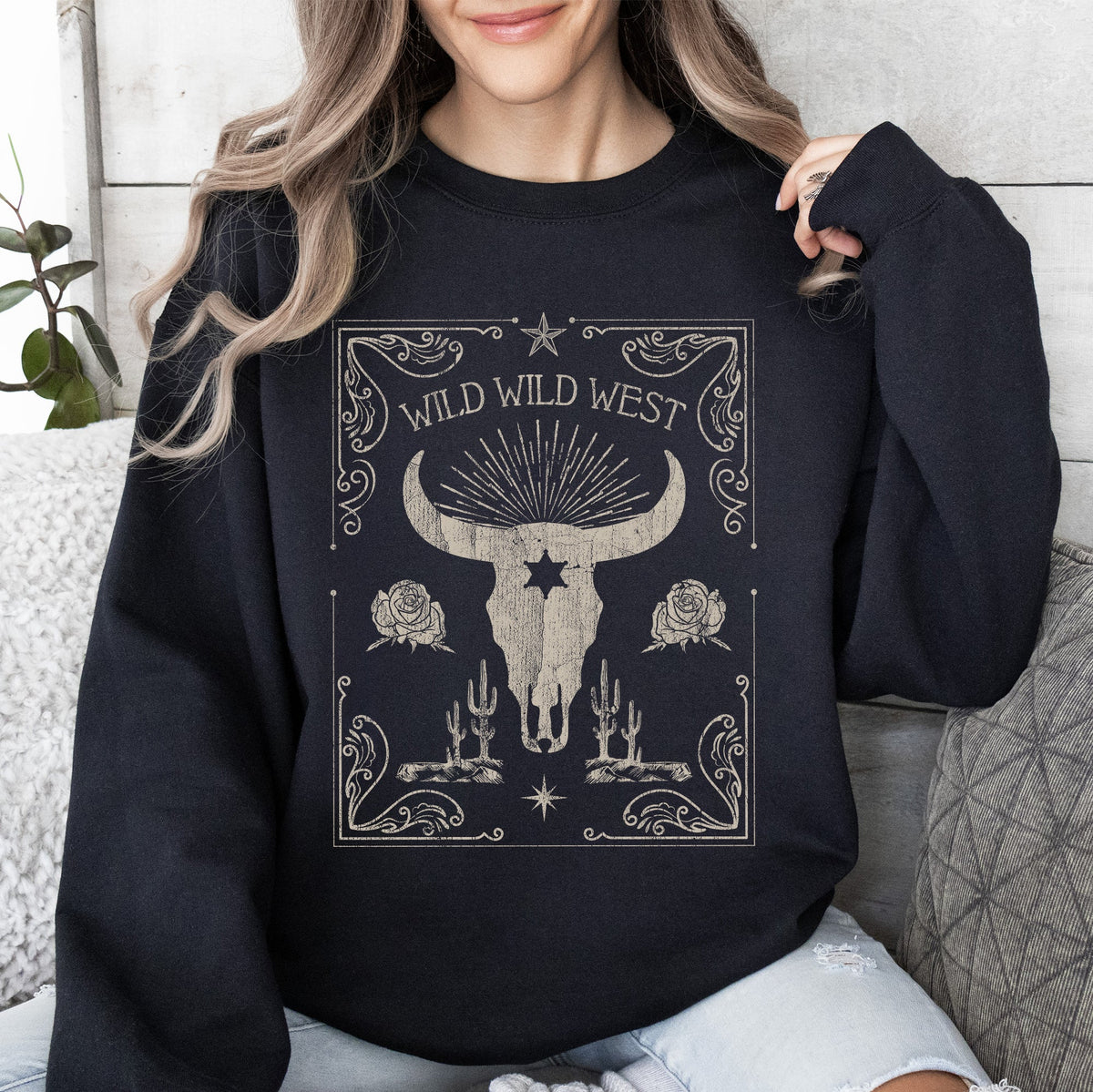 Wild Wild West Cow Skull Rose Western Country Frontier Spirit Living Ranch Heritage Sweatshirt
