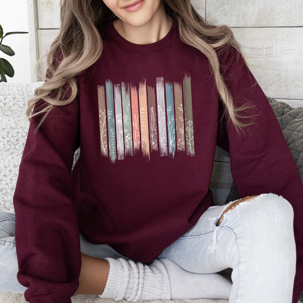 Wildflowers Nature Floral Botanical Stripes Garden Inspired Print Soft Cotton Blend Sweatshirt