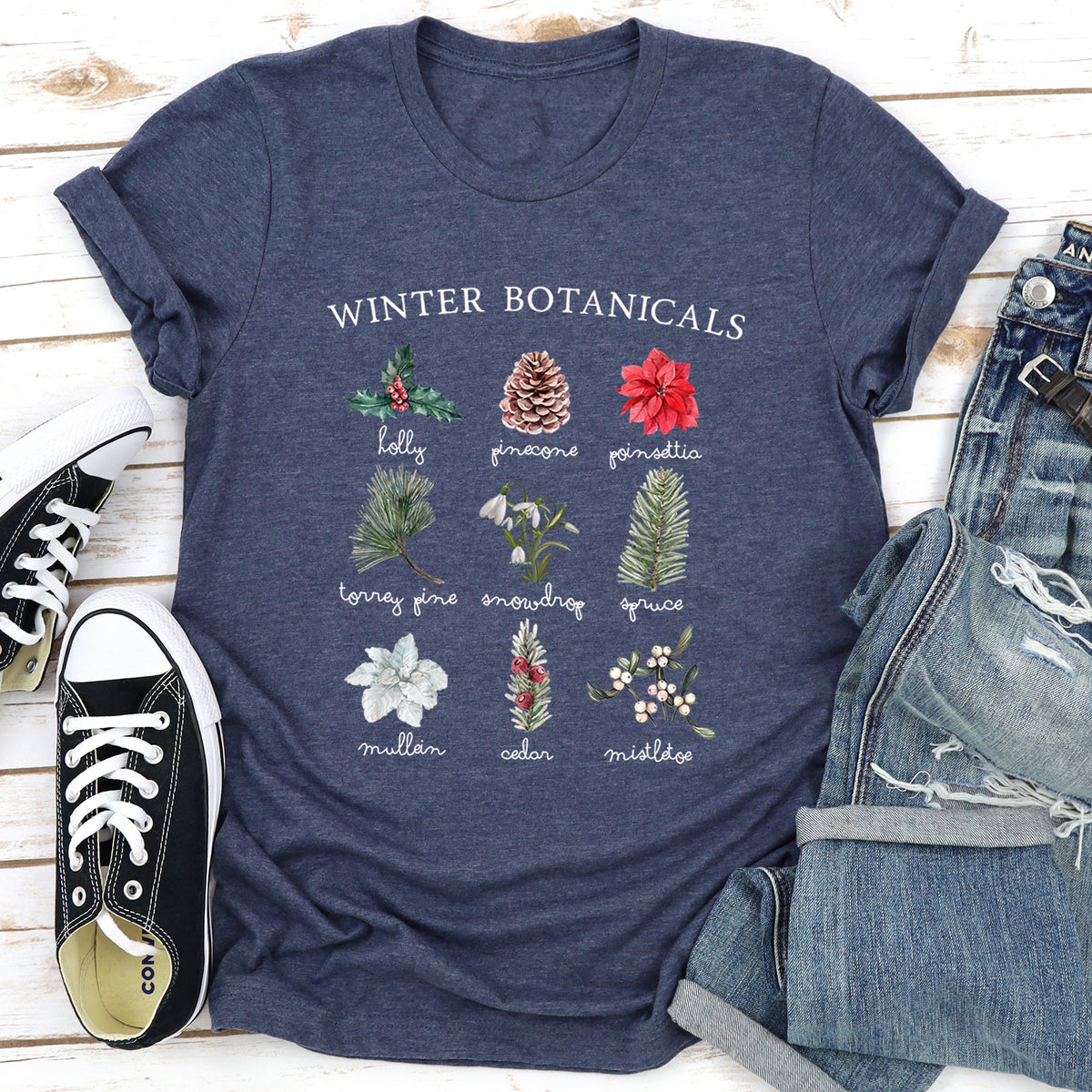 Winter Botanicals Holly Poinsettia Pine Tree Seasonal Florals Edition Graphic Tee