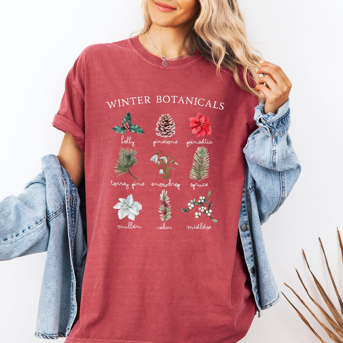 Winter Botanicals Holly Poinsettia Pine Tree Snow Xmas Holiday Floral Comfort Colors Tee