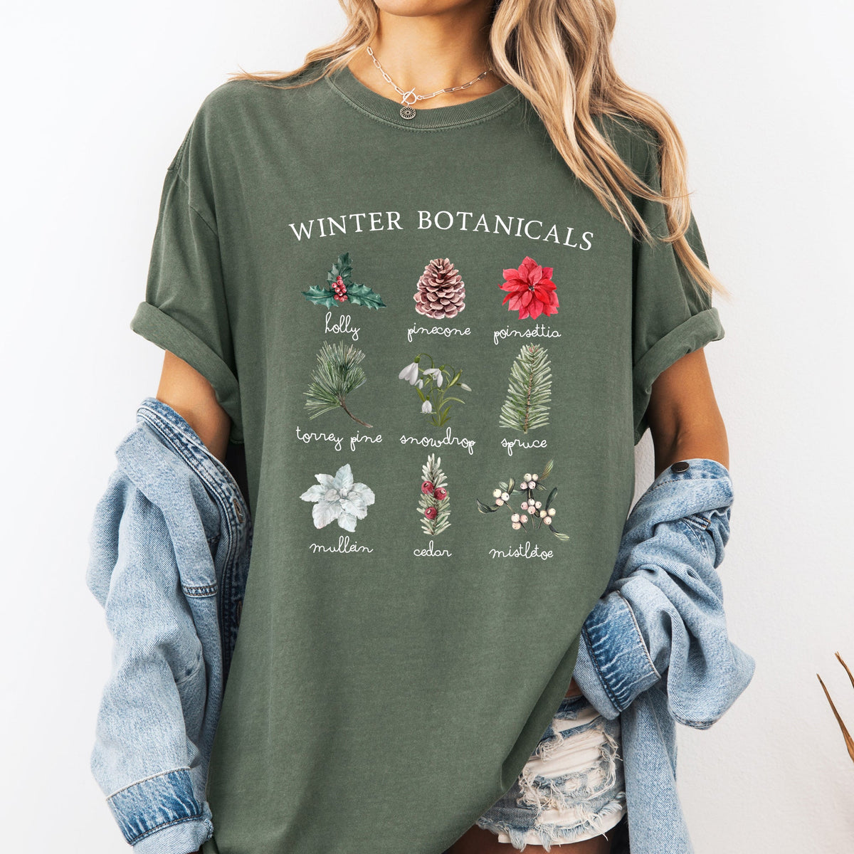 Winter Botanicals Holly Poinsettia Pine Tree Snow Xmas Holiday Floral Comfort Colors Tee